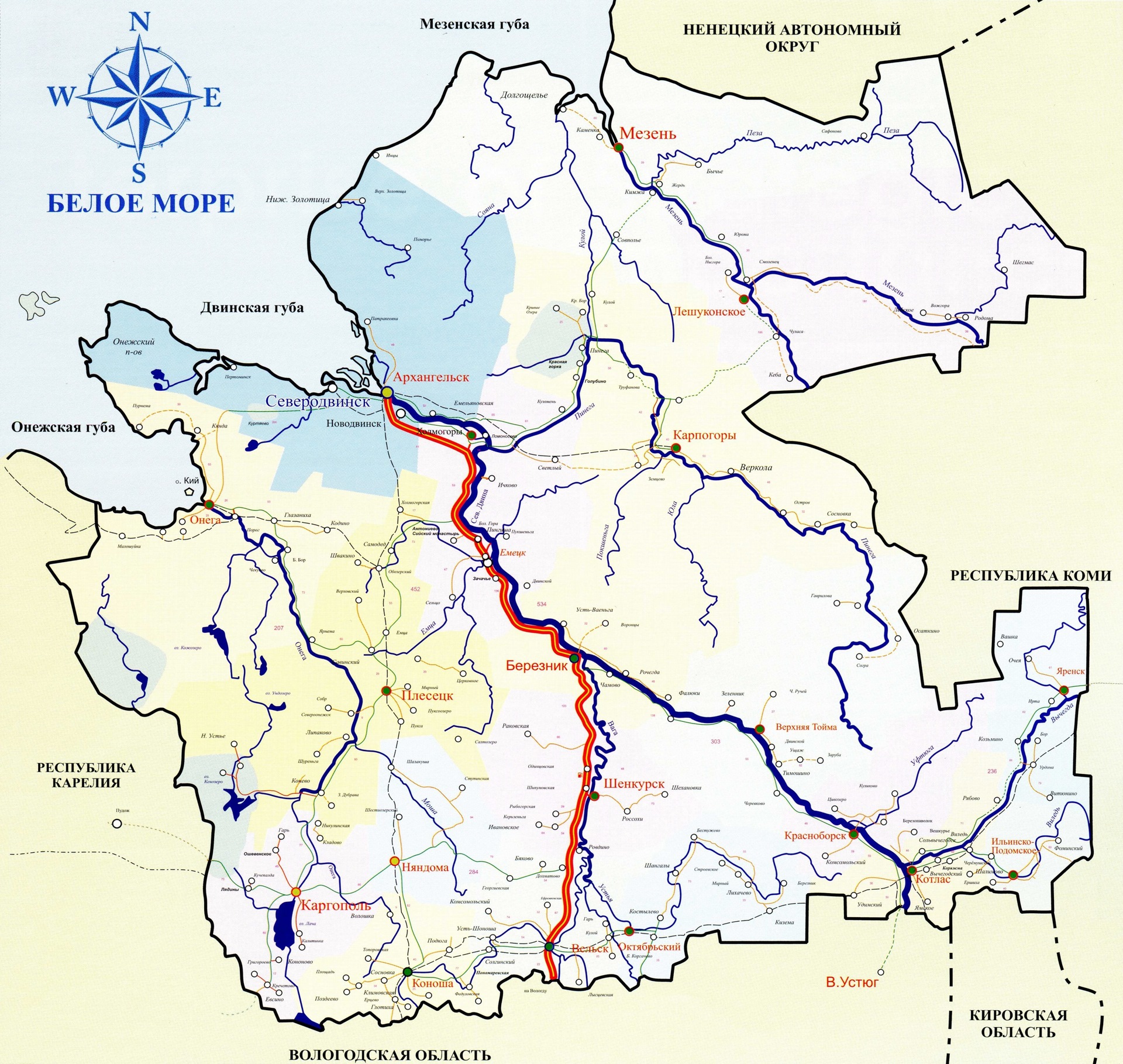 Реки Архангельской области на карте