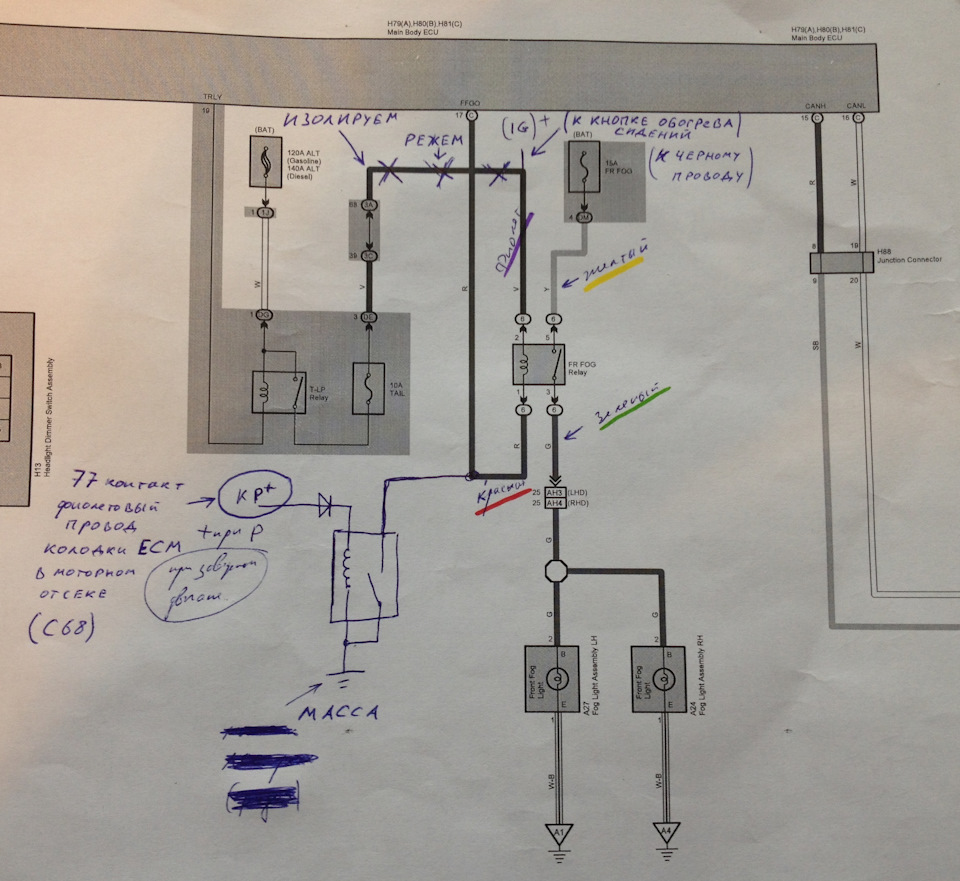 Схема подключения противотуманных фар тойота аква