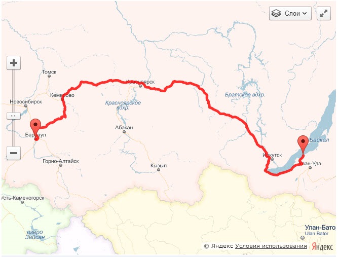 Красноярск озеро байкал расстояние на машине карта