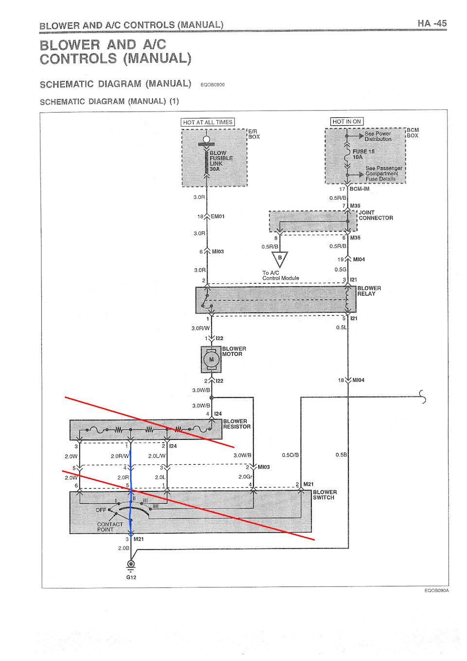 убрал резистор и старую крутилку скорости вентилятора, синей линией показана перемычка — Hyundai Tiburon (GK)