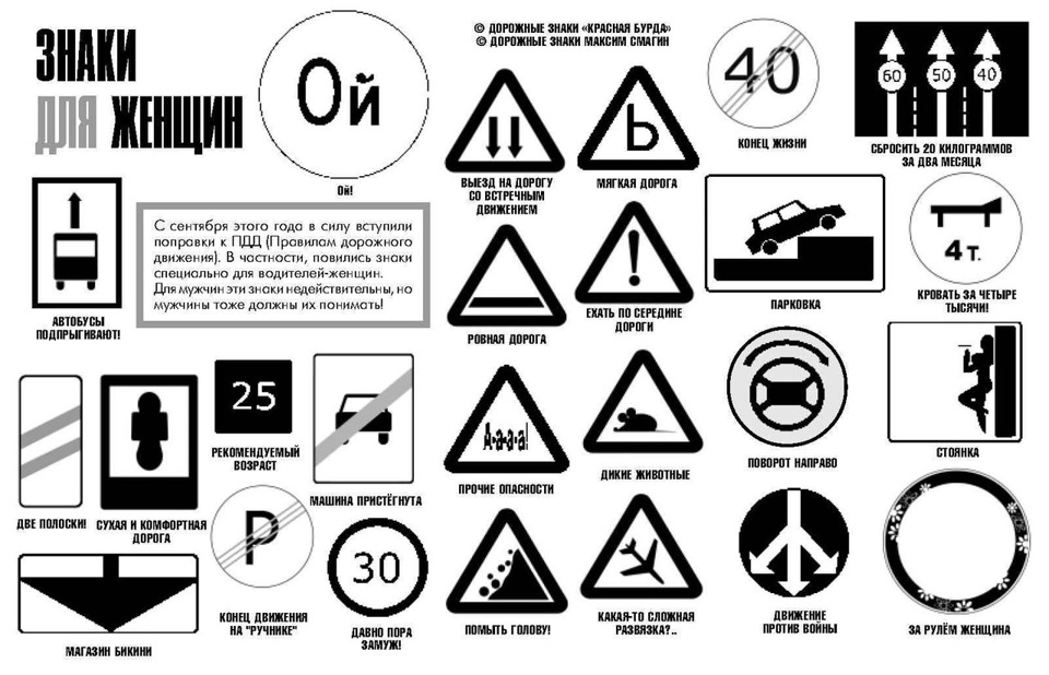 Обозначение знаков фото. Дорожные знаки. Смешные названия знаков дорожного движения. Смешные обозначения дорожных знаков. Знаки ПДД для женщин.