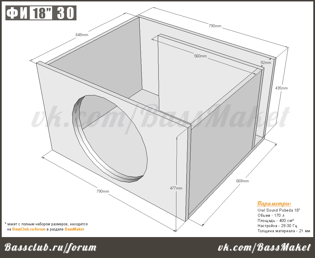 Короб под 18 сабвуфер чертеж
