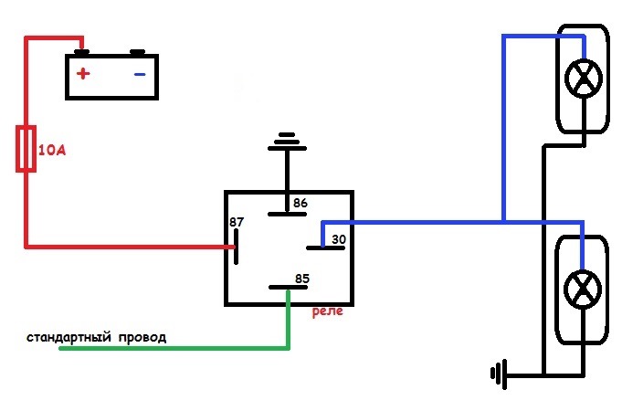 Схема подключения галогенок через реле