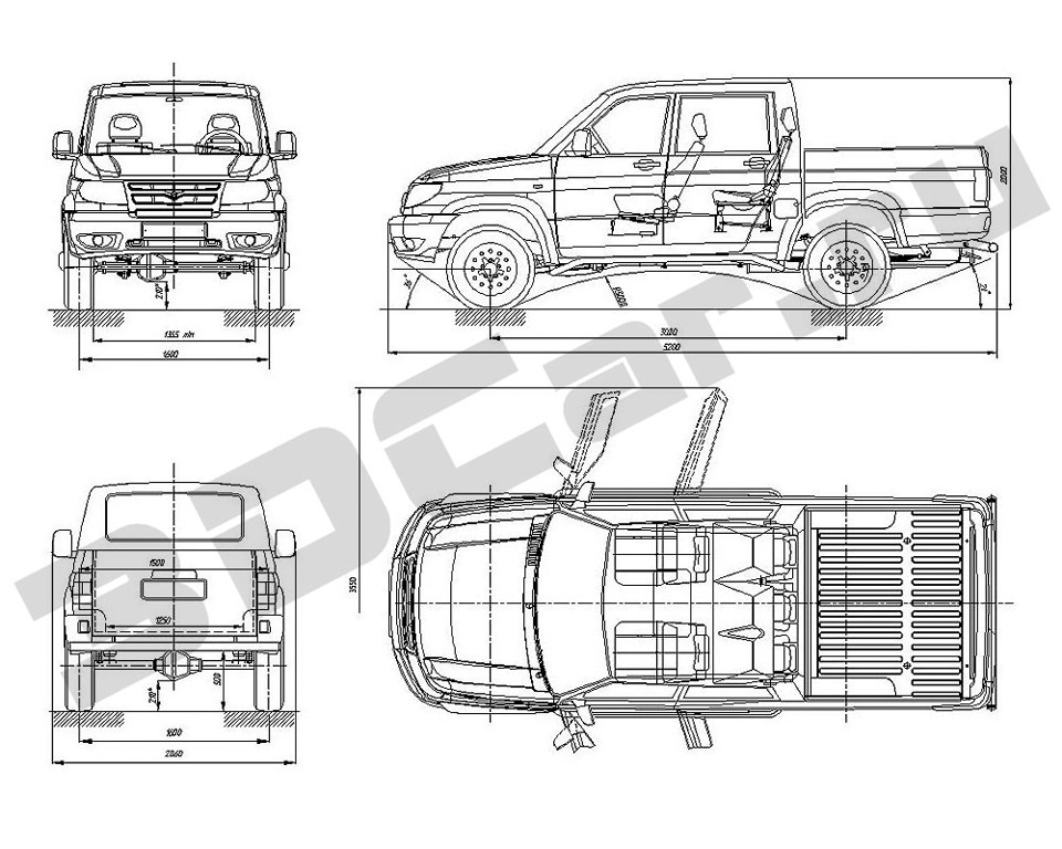 Уаз пикап размеры грузового отсека схема