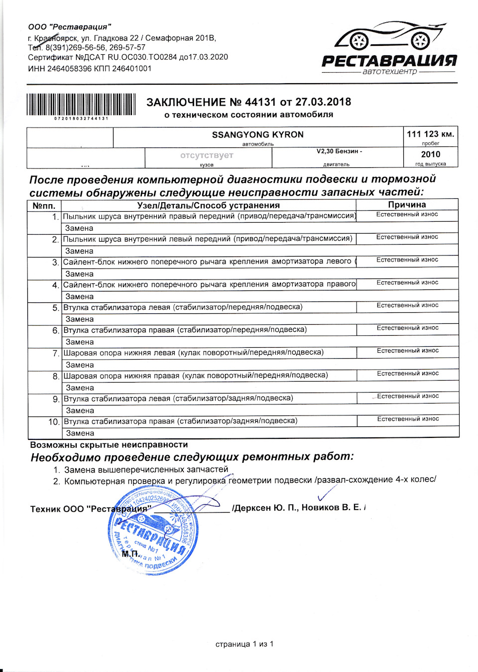 Диагностика подвески на вибростенде — SsangYong Kyron, 2,3 л, 2010 года ...