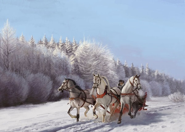 русская тройка лошадей зимой