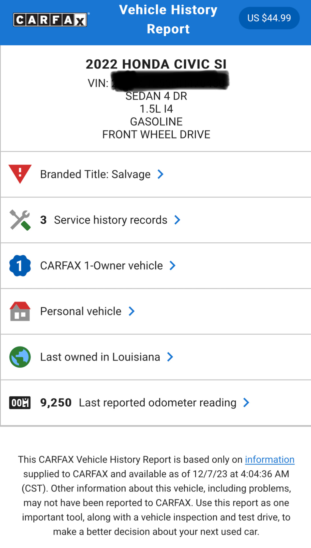 Отчет Carfax — Honda Civic Si (11G), 1,5 л, 2022 года | покупка машины ...