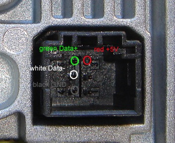 1 — Reserved/ 2 — Reserved/ 3 — +5V (красный)/ 4 — GND (черный)/ 5 — USB Data — (белый)/ 6 — USB Data + (зеленый) — Citroen C5 (2G)