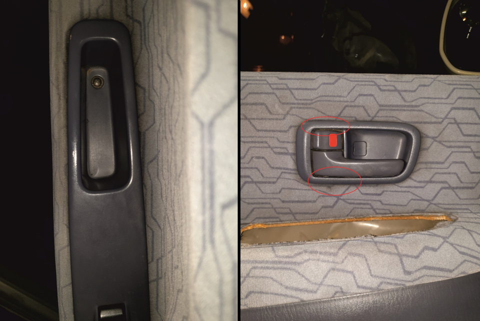 Следующим действием выкручиваем саморез из блока управления стеклоподъемником, отсоединяем фишку с блока и убираем его, после откручиваем шуруп с дверной ручки который находится под заглушкой. Что бы снять саму ручку, нужно пластиковой лопаткой отогнуть места которые указаны на фото и тогда ручка соскочит с мест посадки и легко снимется. После всех этих действий срываем дверную карту с клипс сидит она там очень плотно и тяжело снимается. — Toyota Ipsum (10)