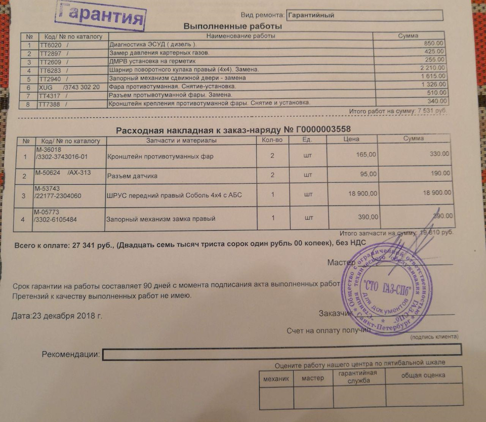 Гарантия на выполненные работы по ремонту автомобиля образец