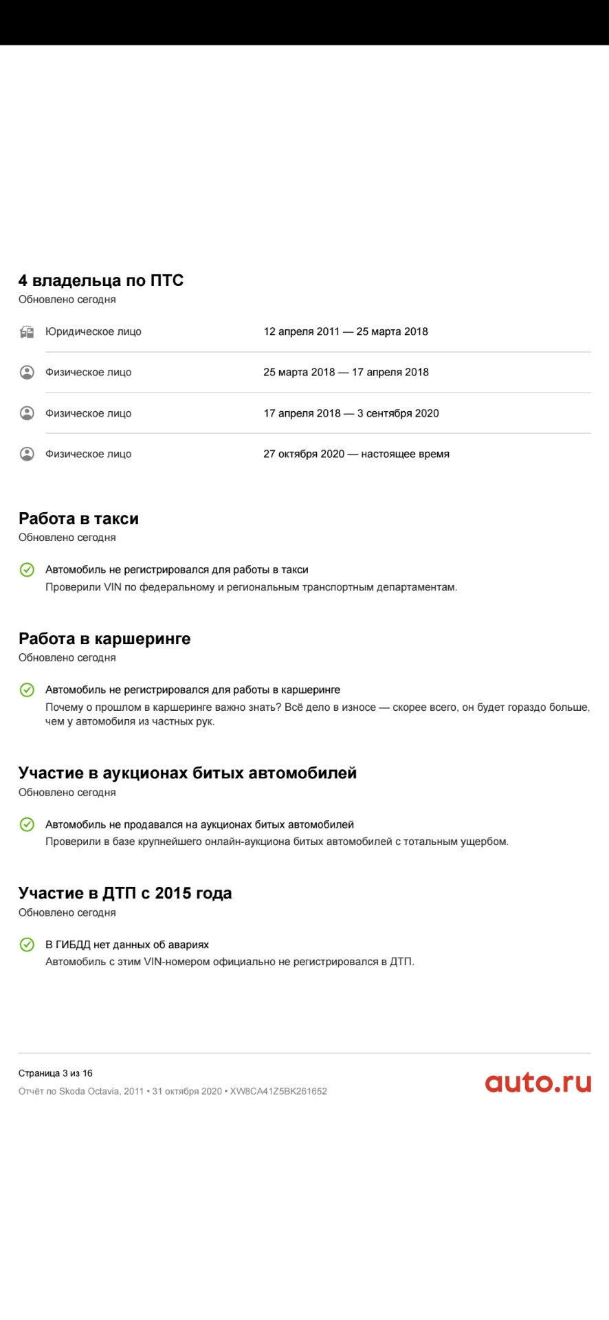 Отчёт авто.ру на мою машину. Или, как купить машину с прекращённой  регистрацией от дилера .Если бы я его увидел сразу, то не купил бы её. Но я  не жалею! — Skoda Octavia