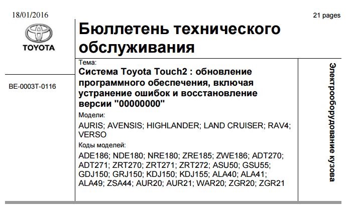 Обновление АУДИО Блока ШГУ Toyota Touch 2 With Go (BE-0003T-0116.