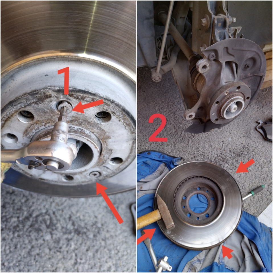 Имея полный доступ к диску, откручиваем 2 болта головкой ТОРКС Т30. Затем стаим машину на N-ейтралку, что бы крутить ступицу. Аккуратно молотком постукивая с обратной стороны, крутим ступицу, что бы диск равномерно выходил. Достаточно 3-4 ударов и диск на асфальте. — Opel Grandland X
