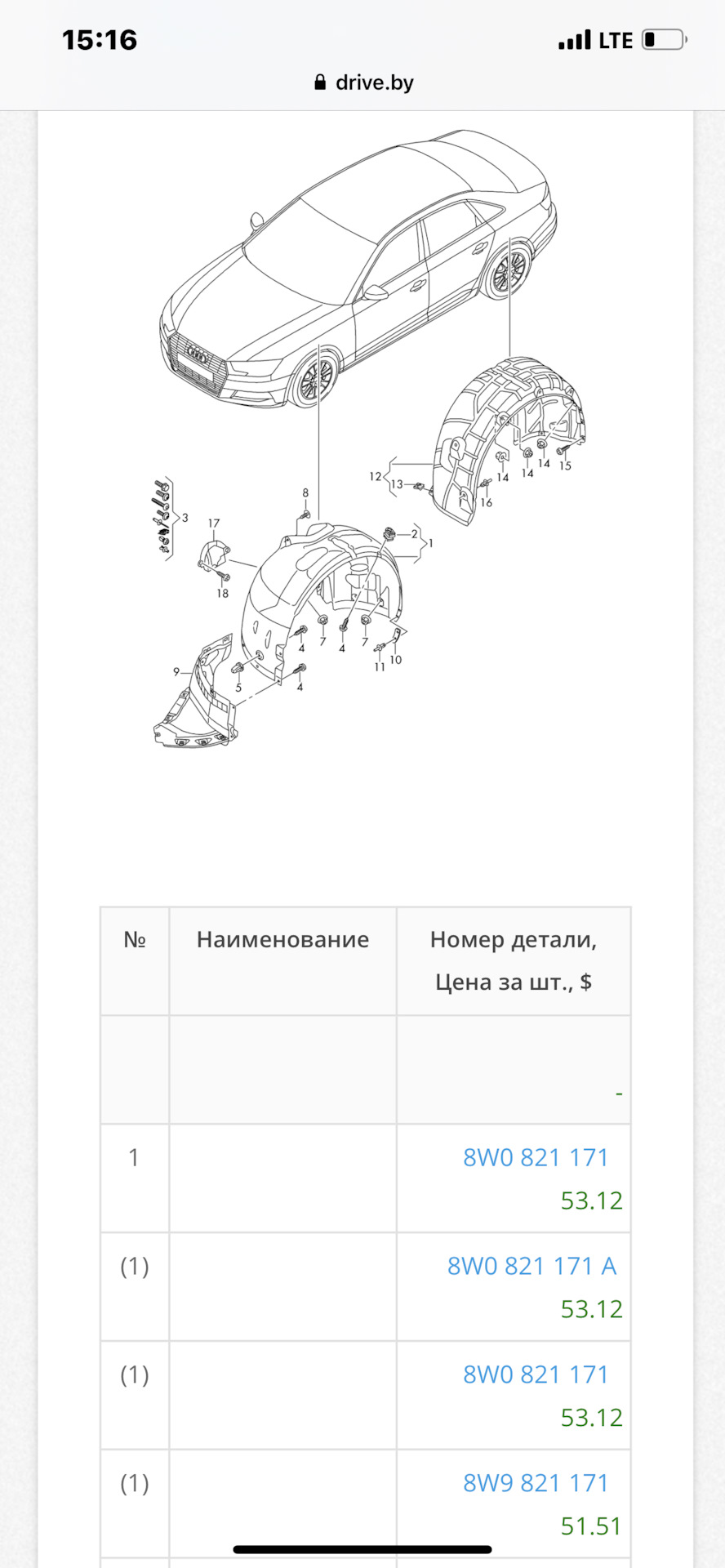8W0821171A Защита арок передняя левая VAG | Запчасти на DRIVE2