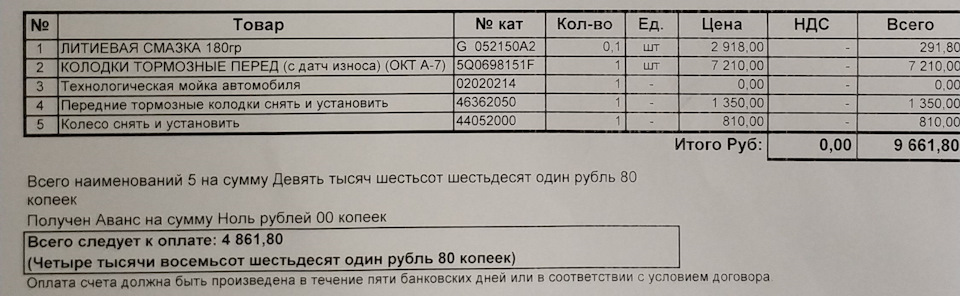 Стоимость замены колодок. Сертификатом шкода-бонус отбил половину стоимости. — Skoda Octavia A7 Mk3. Запчасти на фото: G052150A2, 5Q0698151F