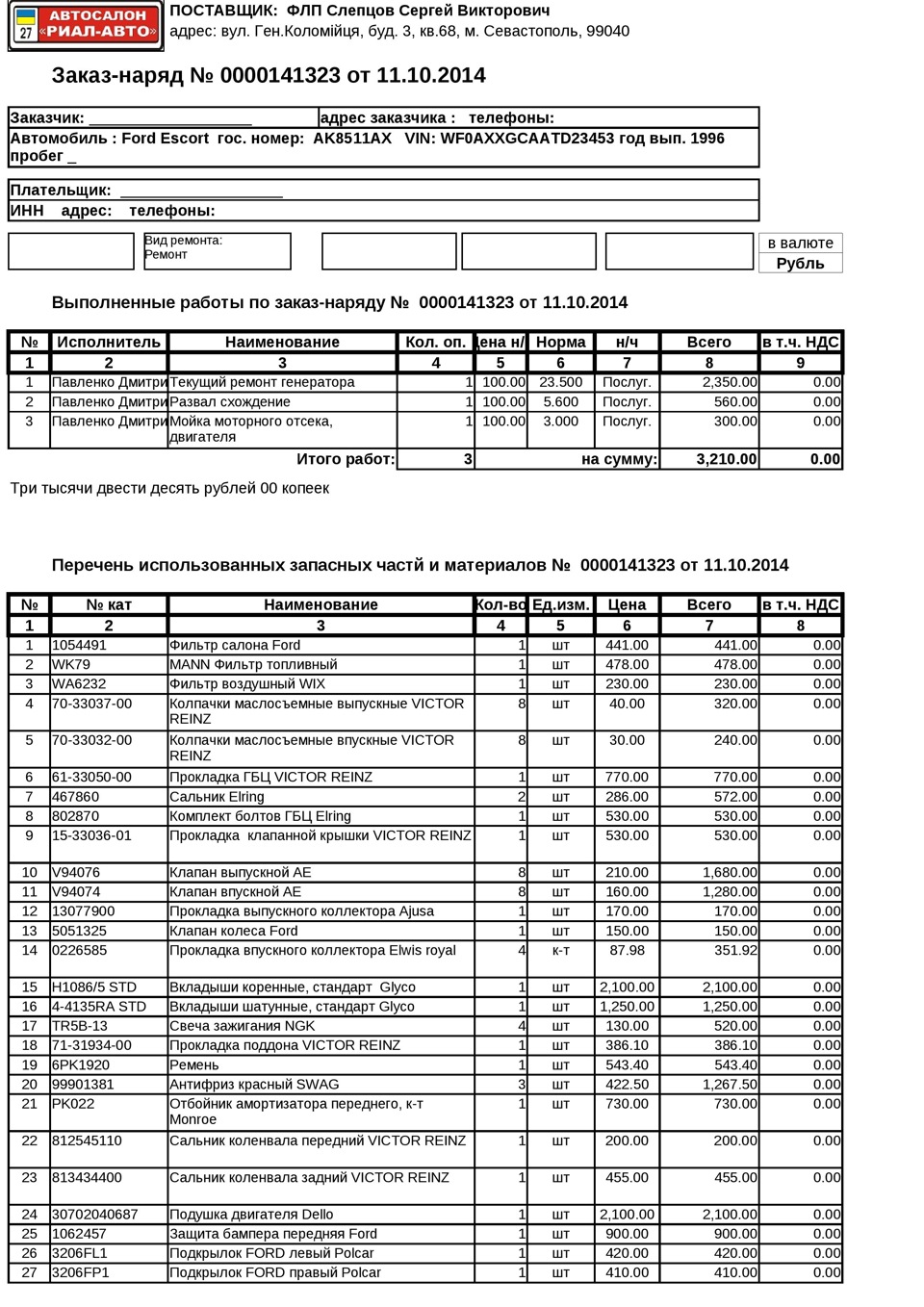 Калькуляция на ремонт автомобиля образец в excel