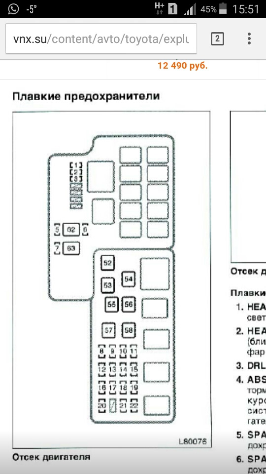 Расшифровка блока предохранителей тойота