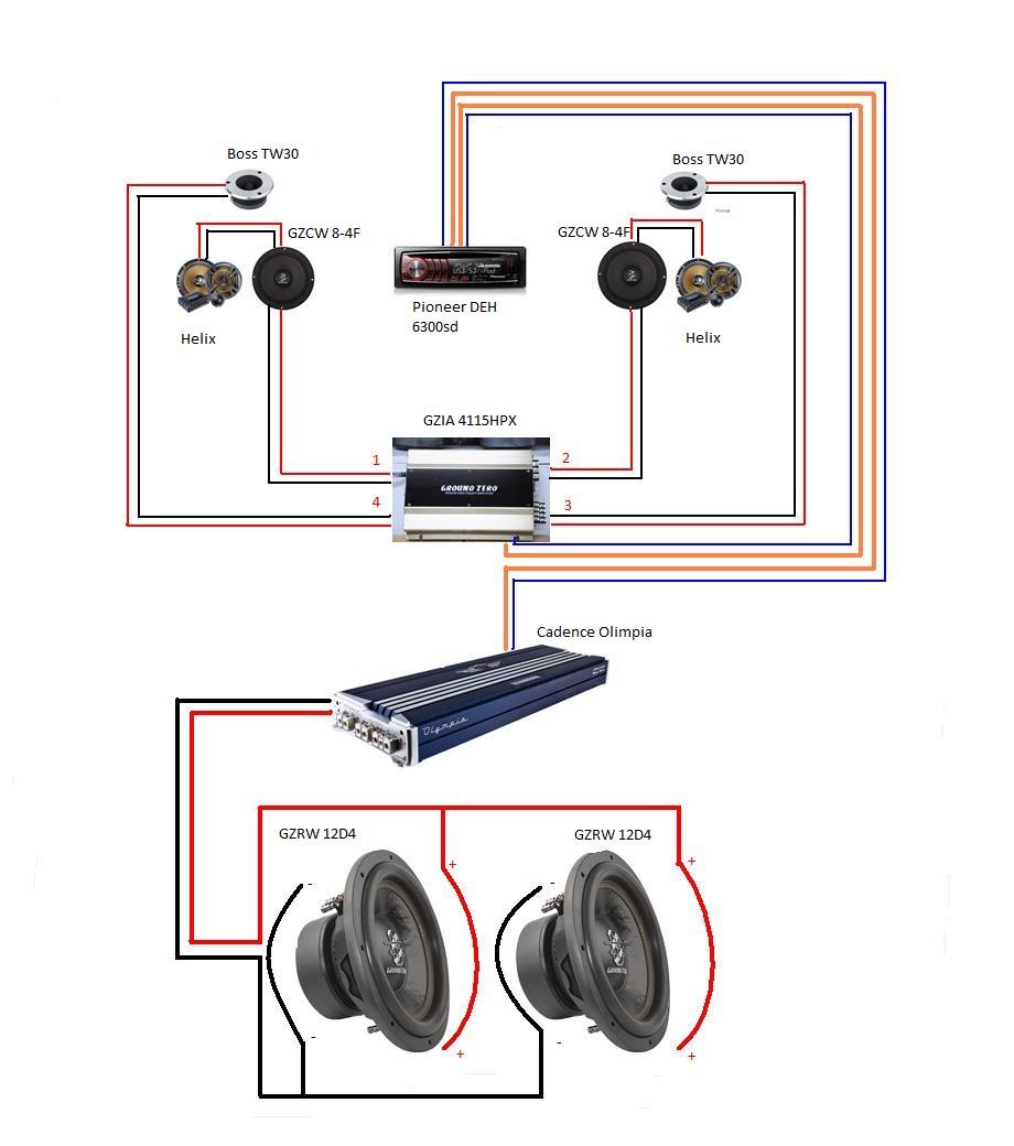 Как подключить 2 моноблока. Схема подключения 4 динамика усилитель сабвуфер и моноблок. Схема подключения усилителя на 4 динамика и усилителя и 1 сабвуфера. Схема подключения 2 усилителей на 1 саб. Автомобильный усилитель 4 колонки схема подключения сабвуфера.