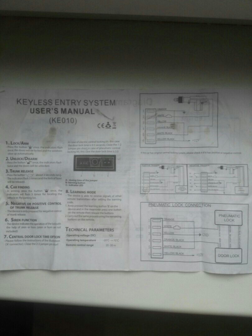 keyless entry system lb 405 подключение на русском