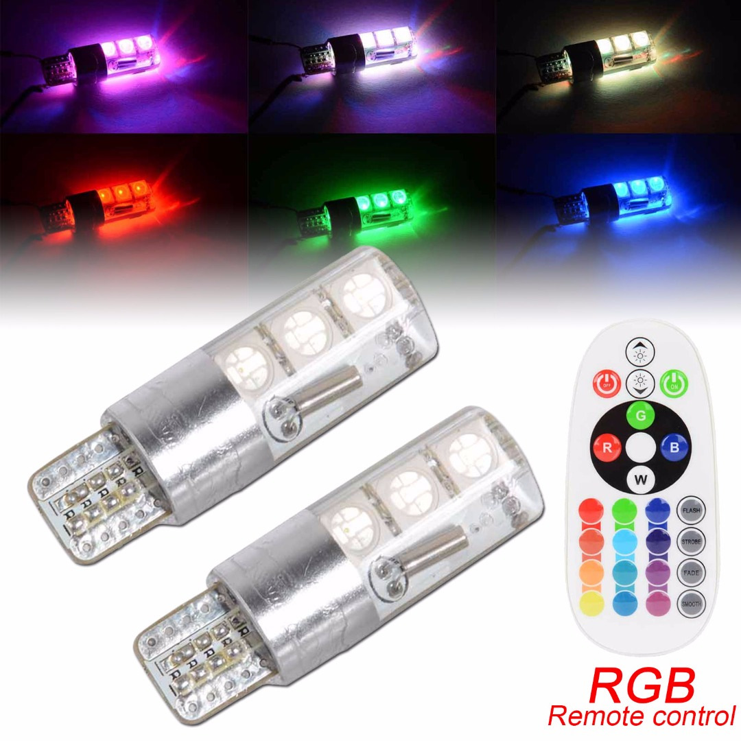 Автомобильные led Габаритные лампы RGB С пультом t10 w5w, 2 шт