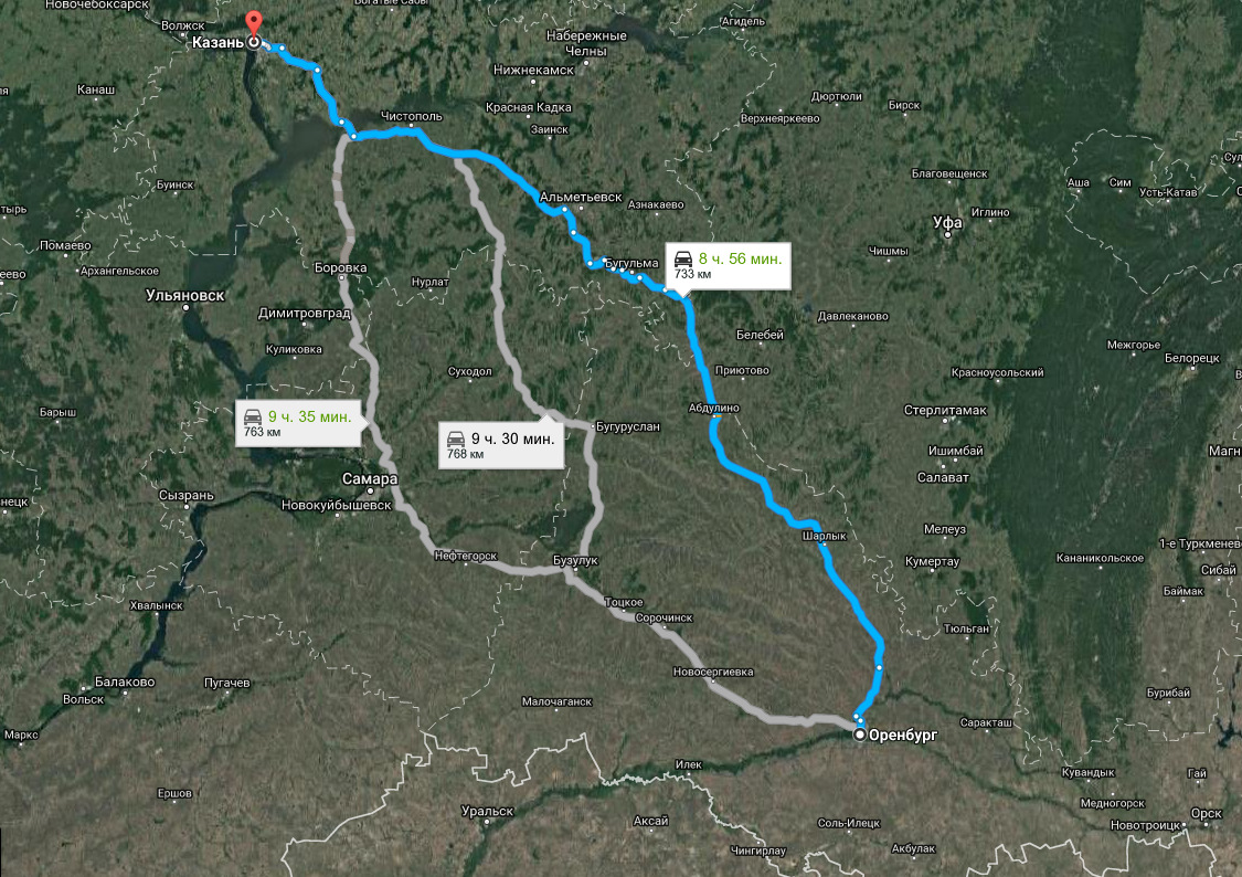 Карта от казани до оренбурга