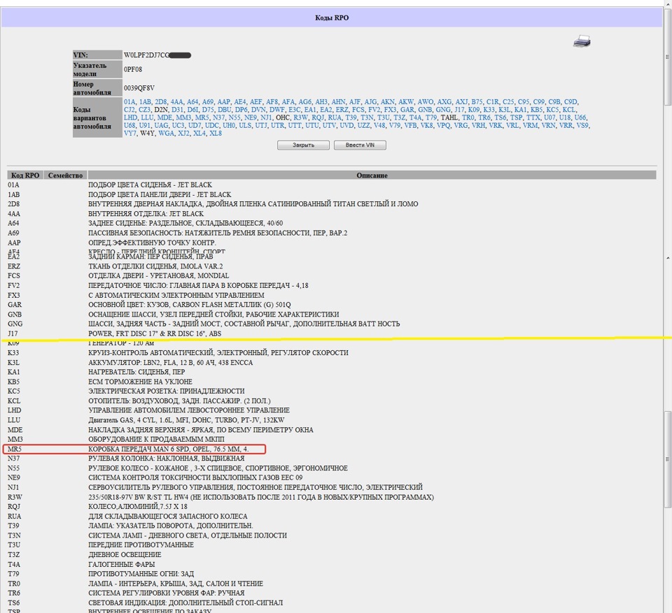 Расшифровка 2012гв. Красным выделено RPO коробки — Opel Astra J GTC