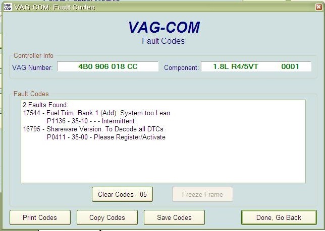 Vag fault code