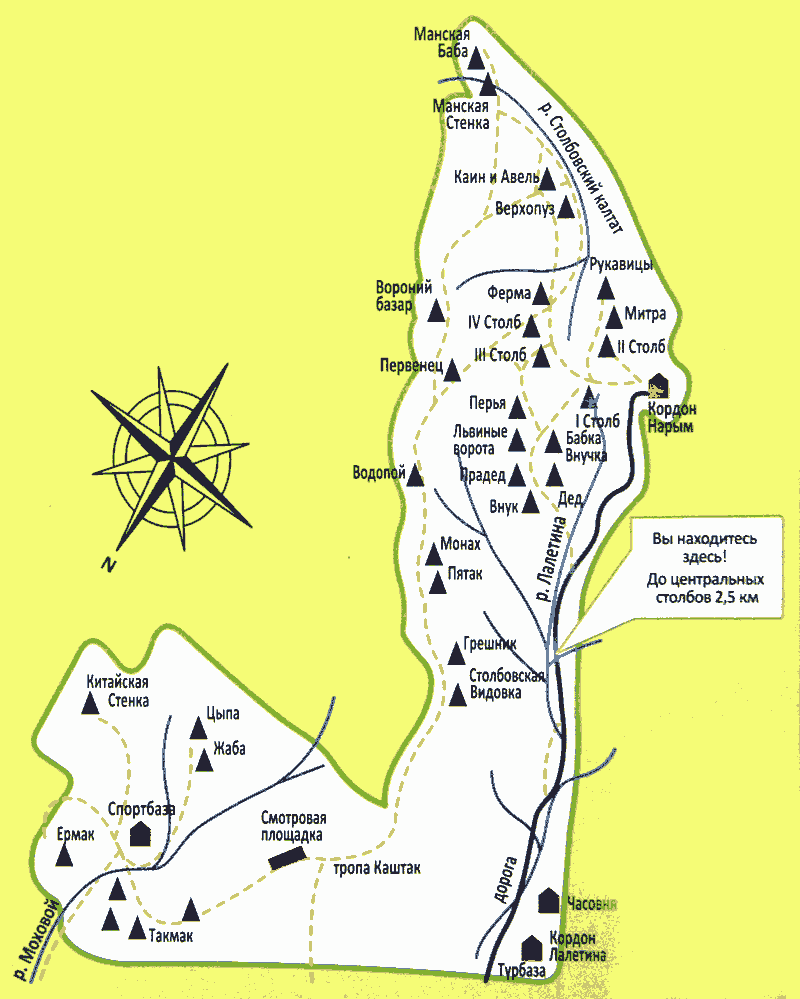 Карта красноярских столбов с тропами километровка
