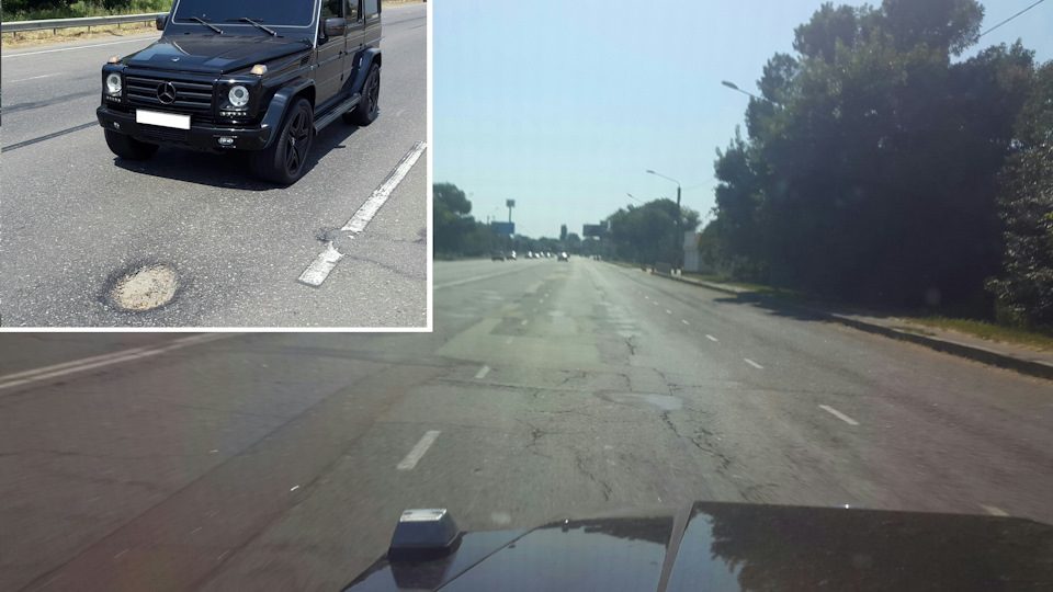Типичный автобан. Тысячу раз отремонтированый, и даже относительно неплохой, хоть и на гелике трясёт. Но расслабляться нельзя! Запросто можно словить такую вот ямку. Судя по тому, что на дне песок, можно понять, что она глубиной на всю толщину асфальта. Не менее 10 см. Что будет, если влететь в неё на легковой машине, хотя бы на 70 км/ч, даже думать не хочу. — Mercedes-Benz G-Class (W463 1G)