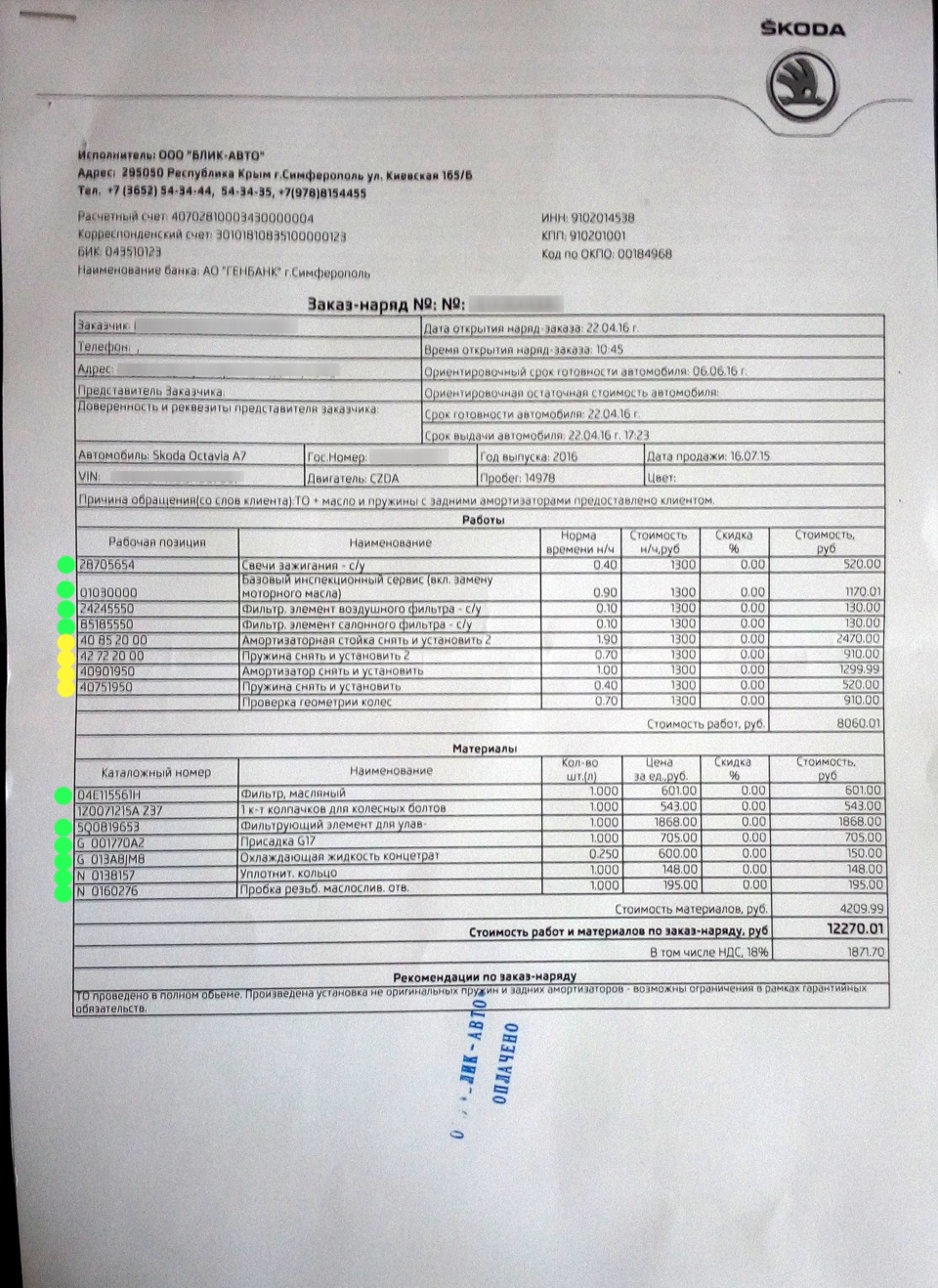 Заказ наряд на кузовной ремонт автомобиля образец