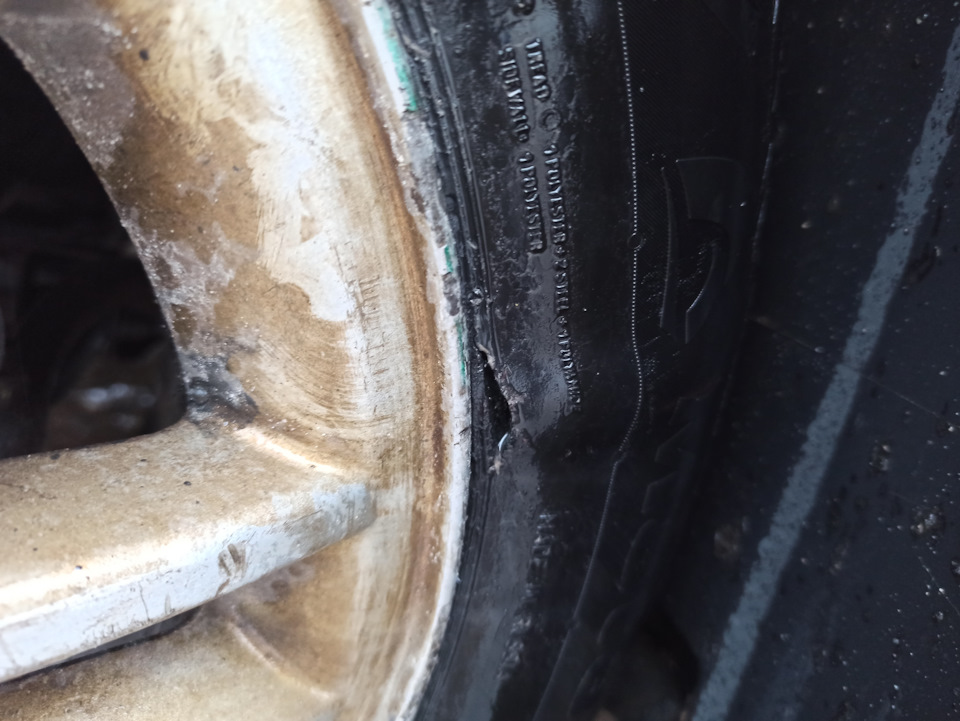Боковой порез на левом переднем колесе — Renault Logan (1G), 1,6 л ...
