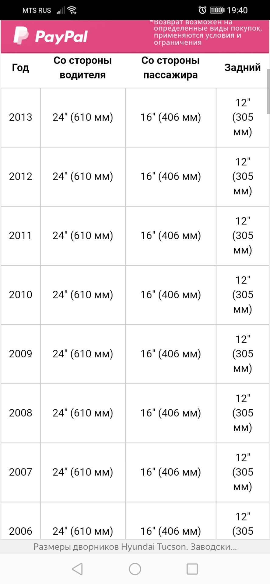 Размеры заводских щеток стеклоочистителя. Tucson — Hyundai Tucson (JM), 2  л, 2008 года | запчасти | DRIVE2