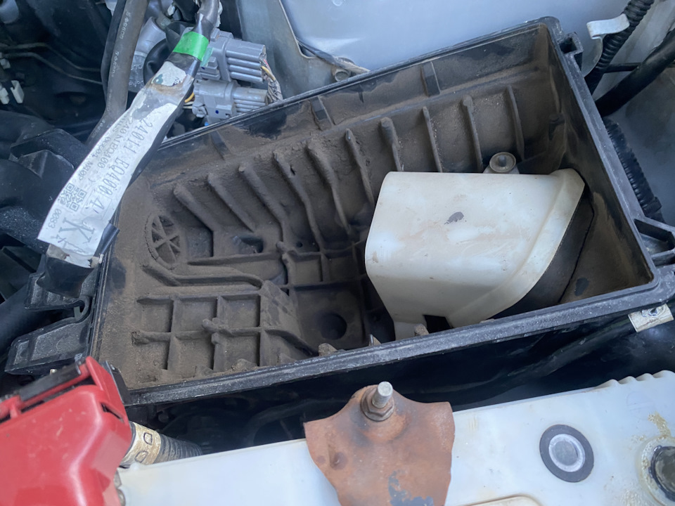 Это грязь, земля вперемешку с моторным маслом или вообще не знаю чем. Зубная щётка с химией не взяла, пришлось замачивать в Утёнке туалетном, потом проходить всё крбклинером и затем мылом. А ведь это всё будет фильтр на себя собирать. — Nissan X-Trail I (t30)