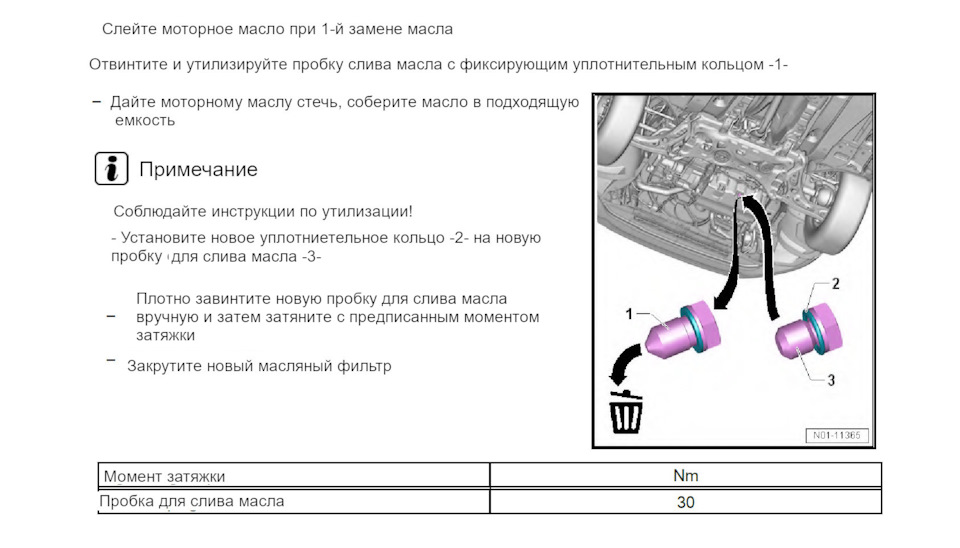 Момент затяжки сливной пробки масла