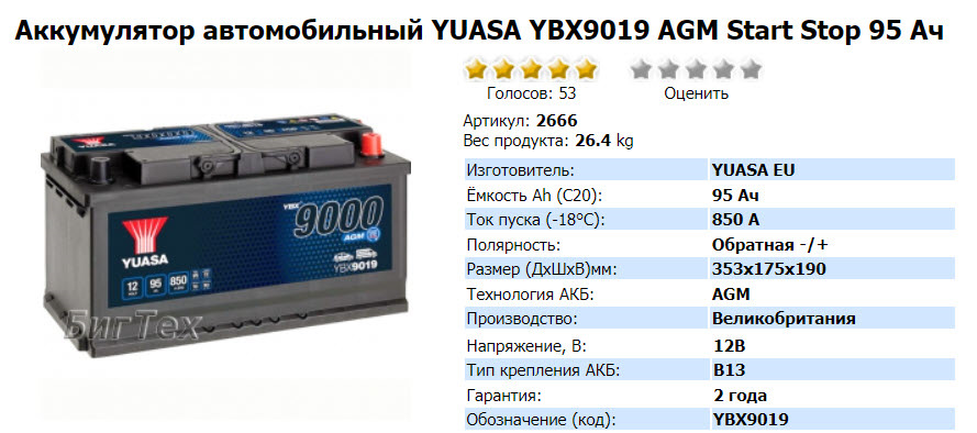 №130. Новый аккумулятор YUASA YBX9019 AGM Start Stop 95 А/ч 850А и ПЗУ ...