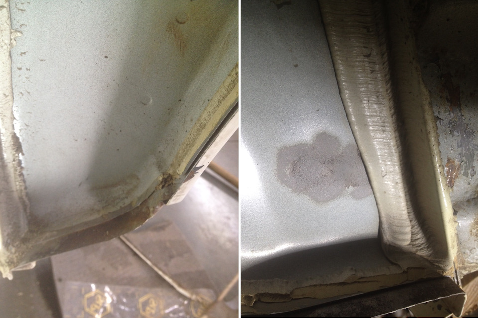 Снятый герметик. На правой фотографии уже отпескоструенно пятно ржавчины. — Saab 9-3 (2G)