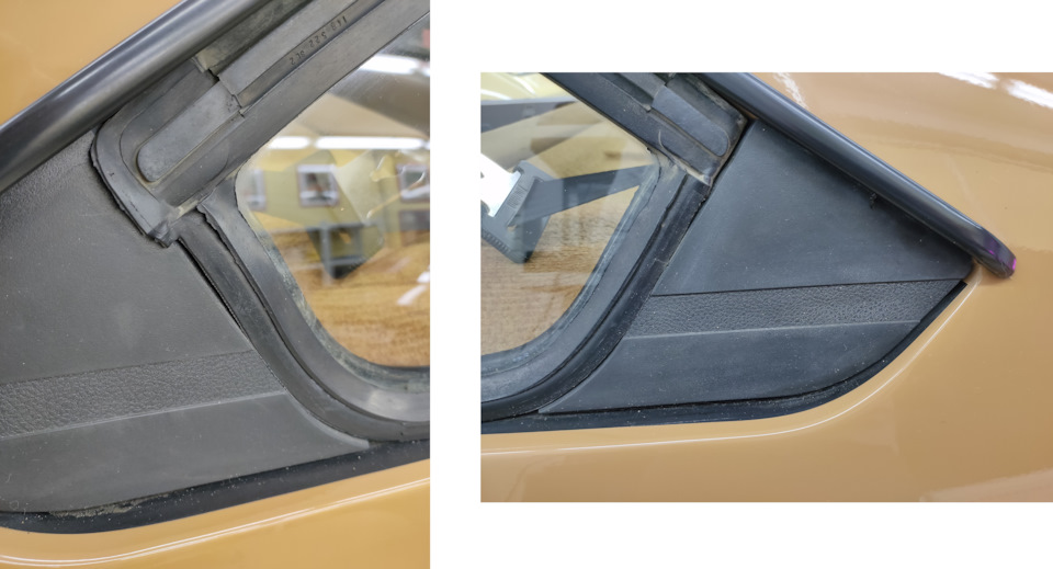 Продолжим тему остекления — здесь совсем отличный уплотнитель глухих боковых форточек, виден еще след 70ых годов, на предсерийных авто вставлялся хромированный молдинг по периметру стекла, также обратил внимание на прокрас черным цветом под пластиковой заглушкой, чего не встречал ранее — Москвич Святогор