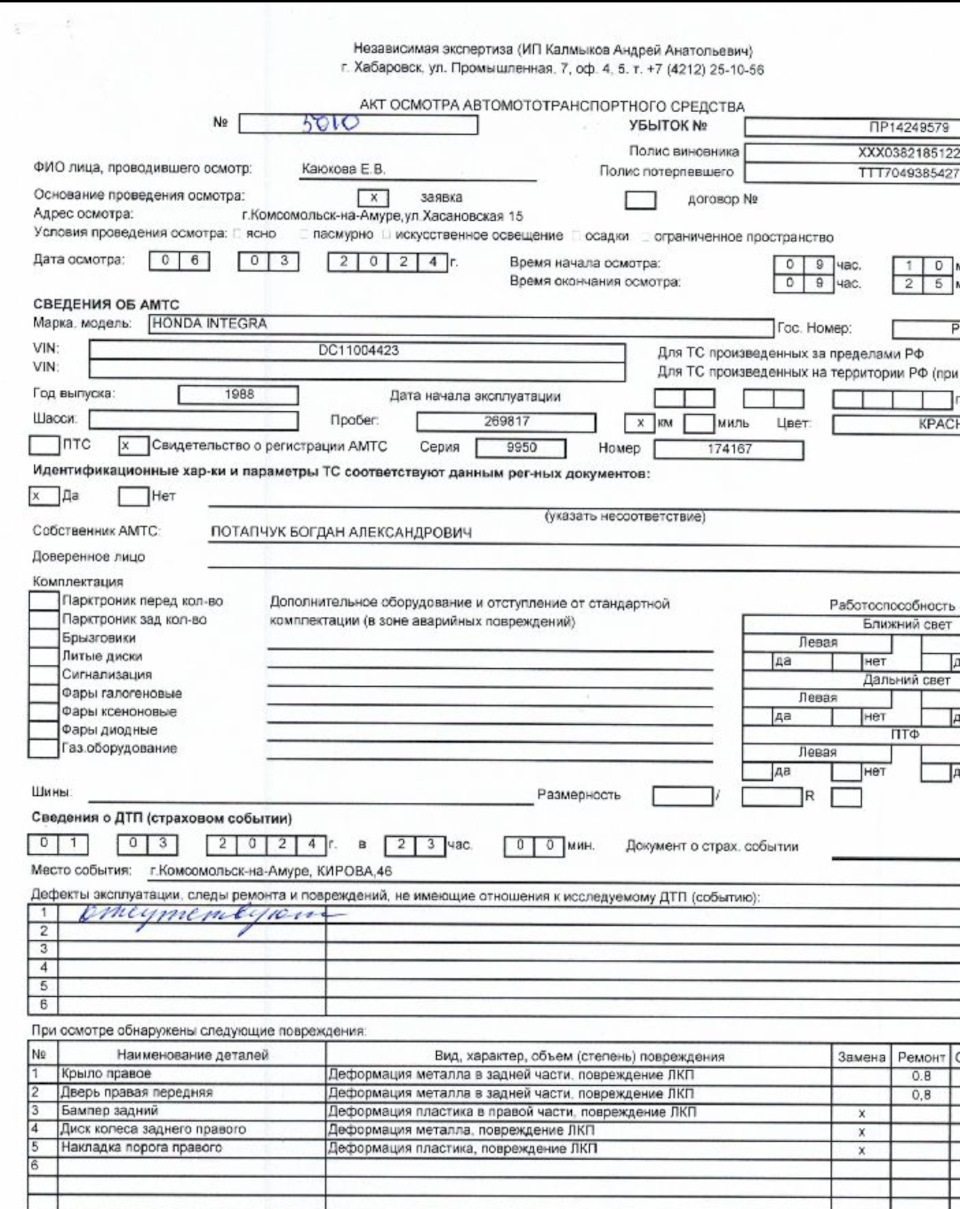 Расчёт ремонта после ДТП. РЕСО-ГАРАНТИЯ. — Honda Integra (DC1/DC2), 1,6 л,  1993 года | ДТП | DRIVE2