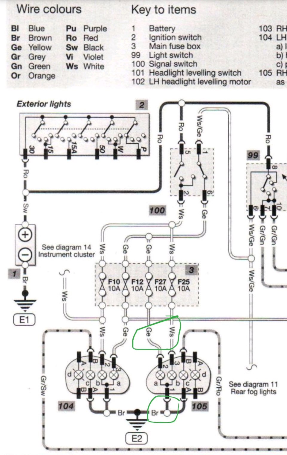 Br-коричневый, он же массовый, Ge- желтый это плюс ближнего света, Ws — белый, плюс дальнего света — Opel Corsa B
