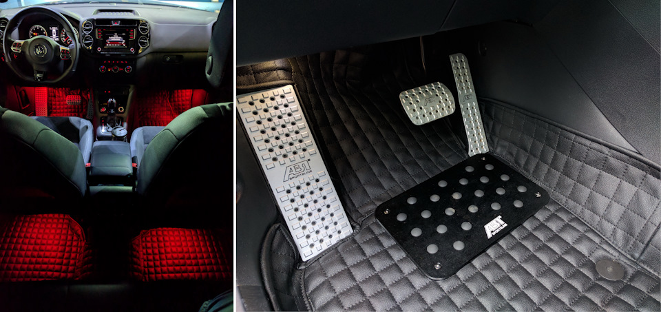 Пошив кожаных ковров + двухрежимная подсветка пространства ног (белый при открытии двери, красный постоянно) — Volkswagen Tiguan (1G)