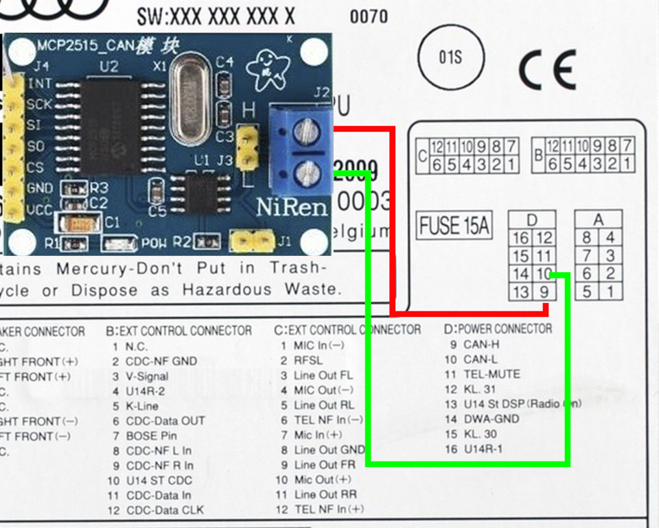 mcp2515 connect to RNSE — Audi A6 (C5)