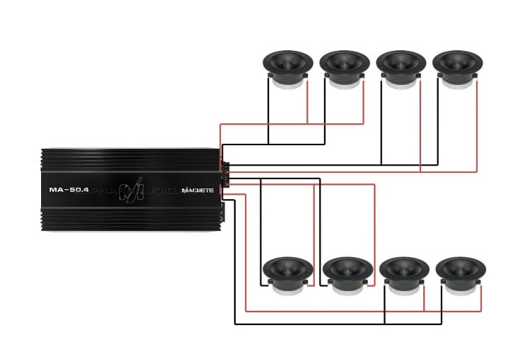 Как подключить четырех. Коммутация динамиков 4 ом 6 пар. Коммутация 4 динамиков в 1 ом. Коммутация 8 динамиков в 2 Ома. Схема подключения динамиков к усилителю 4 канальному в 2 Ома.