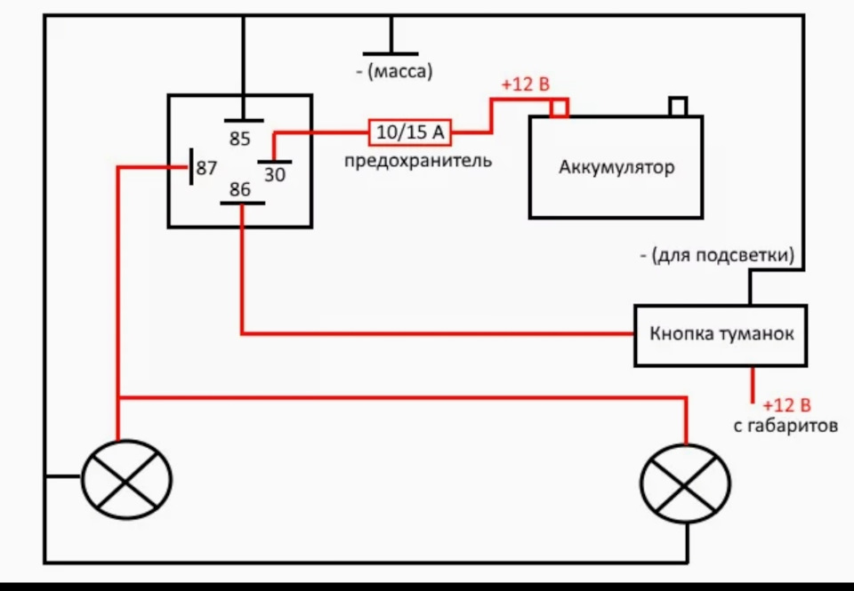 Схема подключения реле на туманки через кнопку