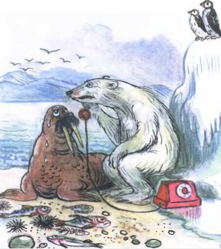Картинка сказки телефон чуковского. Сутеев иллюстрации к Чуковскому. И снова медведь о Спасите моржа вчера проглотил он морского ежа.