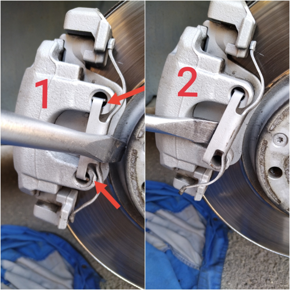 Снимаем скобу с суппорта. Оттягиваем вверх, что бы крепление скобы вылезло из отверстий (как показано стрелками), что бы потом как на рисунке 2, отвести в сторону эту скобу и снять её. — Opel Grandland X