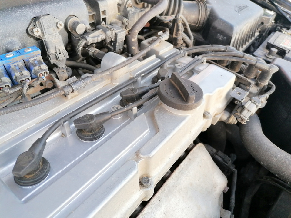 Отключаем клемму АКБ (можно просто отключить катушки с разъемов), снимаем декоративную крышку двигателя и перед нами высоковольтные провода. — Hyundai Accent (2G)