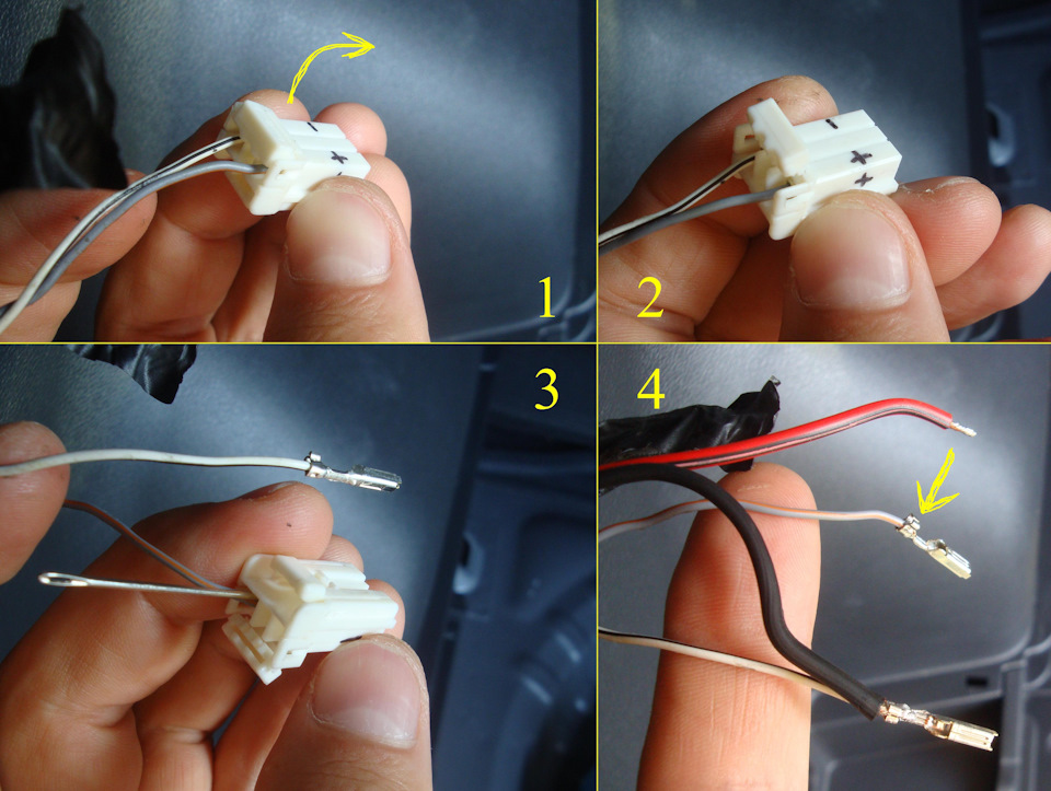 Разбираю штатный разъём: отогнуть фиксатор наверх, иголкой нажимал внутренние фиксаторы клемм. Припаялся к ним же (не путайте + и — !) — Hyundai Tucson (TL)