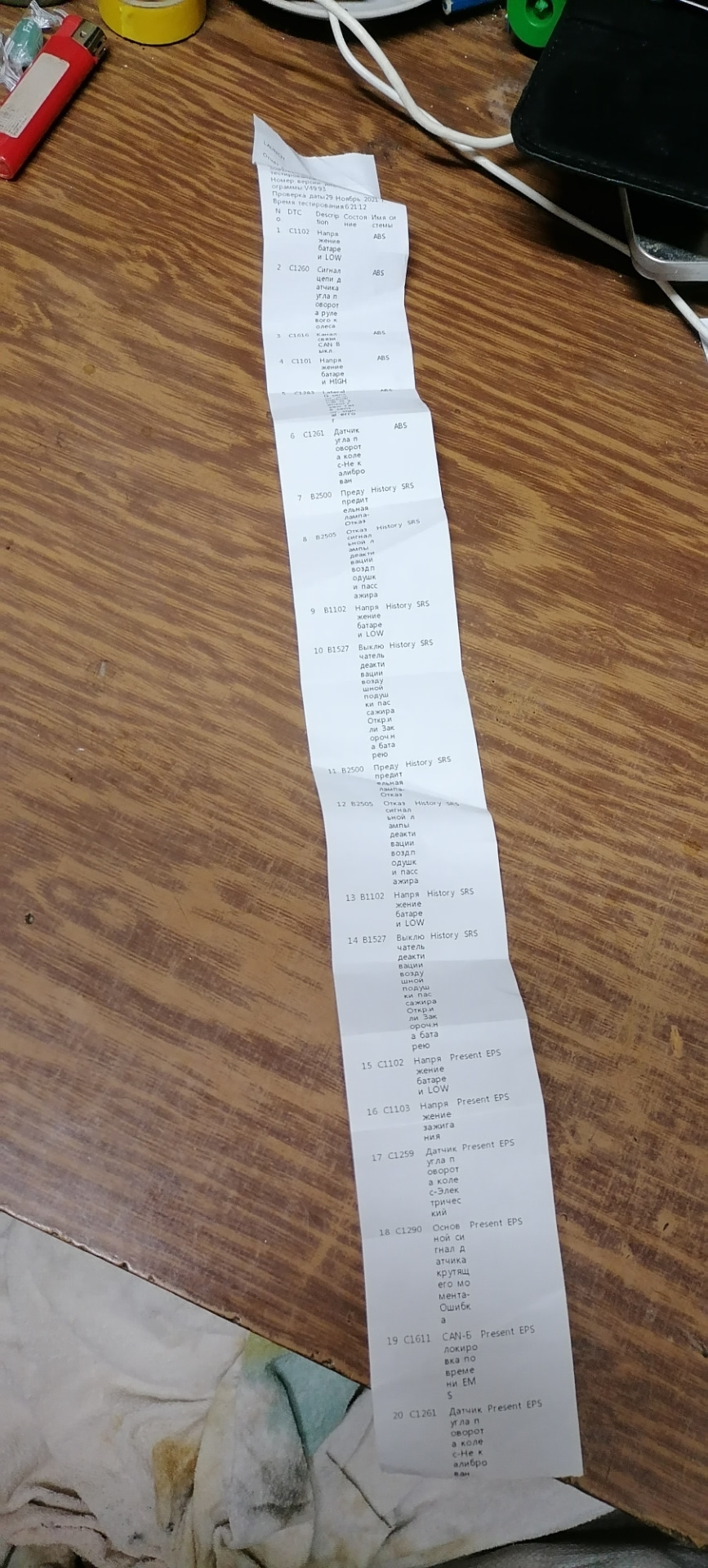 лента с перечнем всех ошибок — Hyundai i30 (1G). Запчасти на фото: C1259, C1611, C1261
