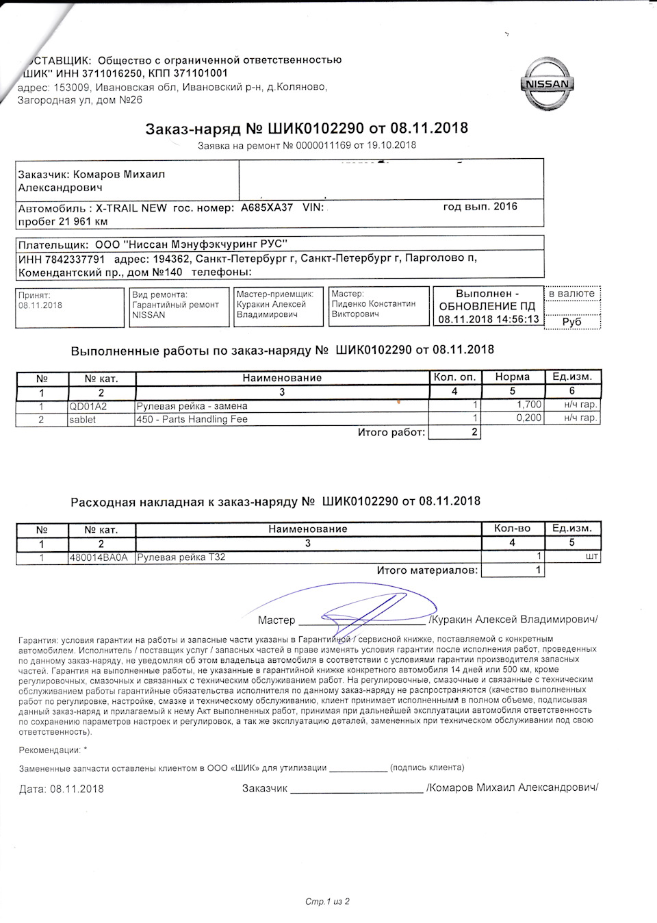 Акт выполненных работ по гарантии образец