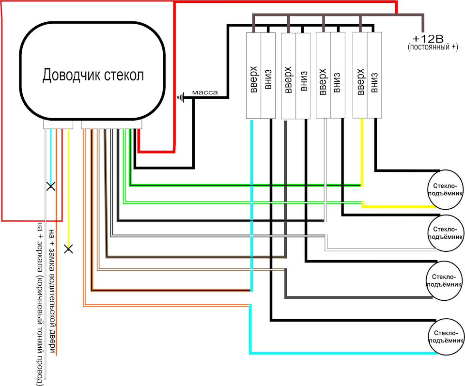 Схема доводчика стекол на 2 стекла